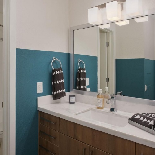 Dog-Friendly Apartments in Coronado, CA - Bayside at Coronado - Bathroom with a Water Closet, a Large Sink Vanity, and Modern Lighting Fixtures